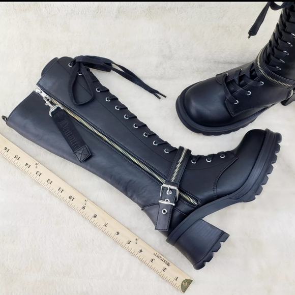 Bratty Block Heel Lace Up Punk Goth Biker Knee Boots - Picture 12 of 15